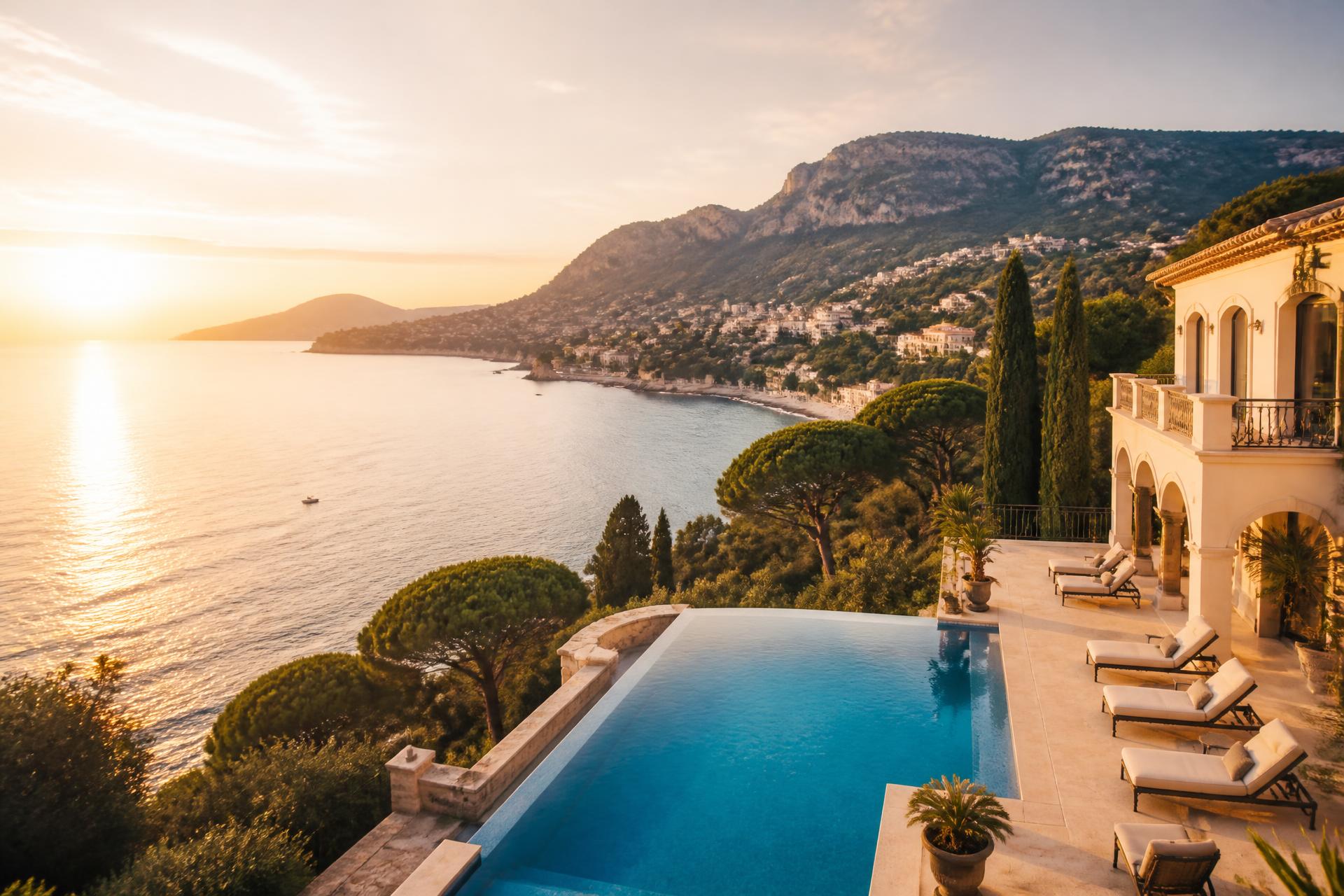 French Riviera villa with infinity pool at sunset